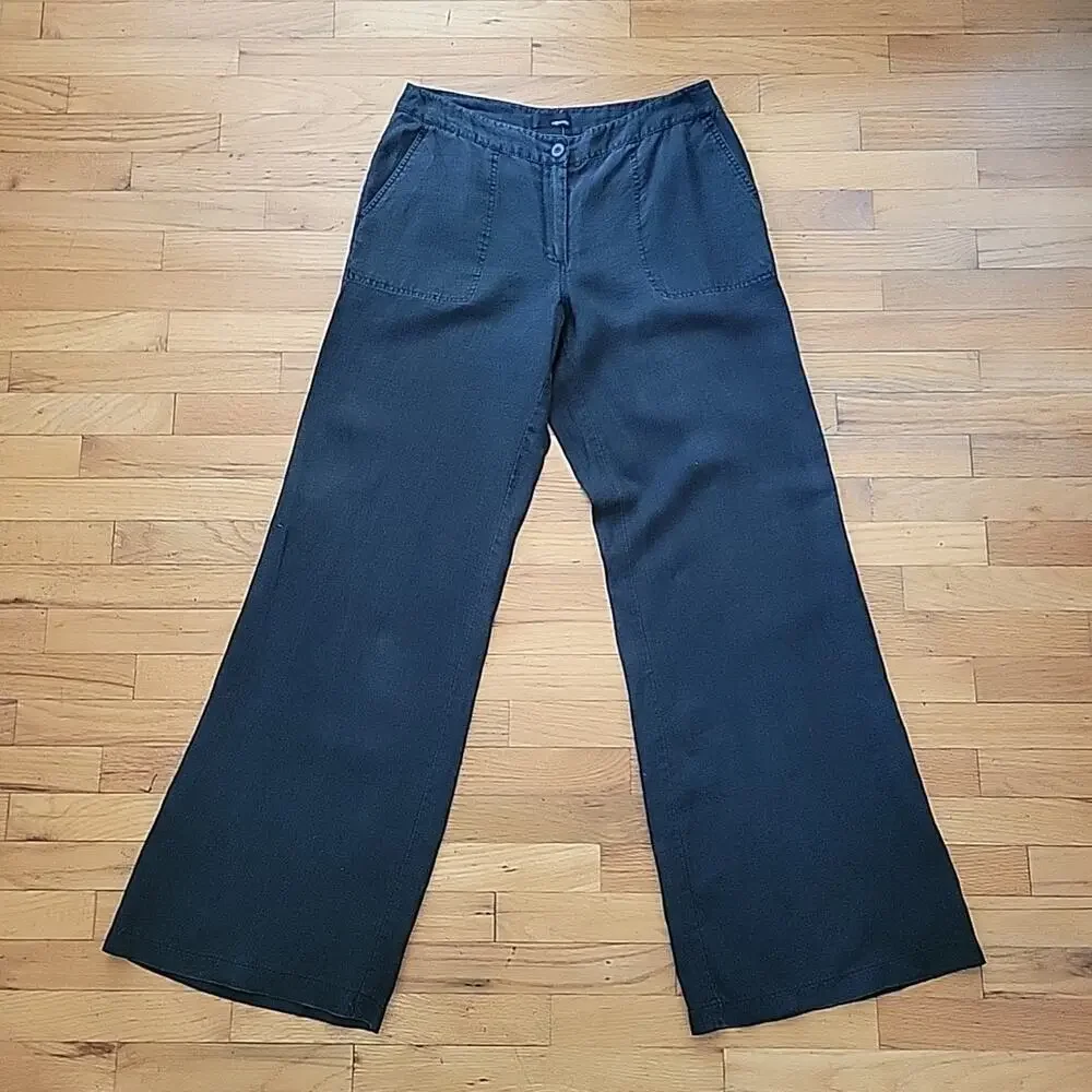 H‎ M Hennes Black Linen Wide Leg Pants Mid Rise Unlined Boho Classic Lagenlook
